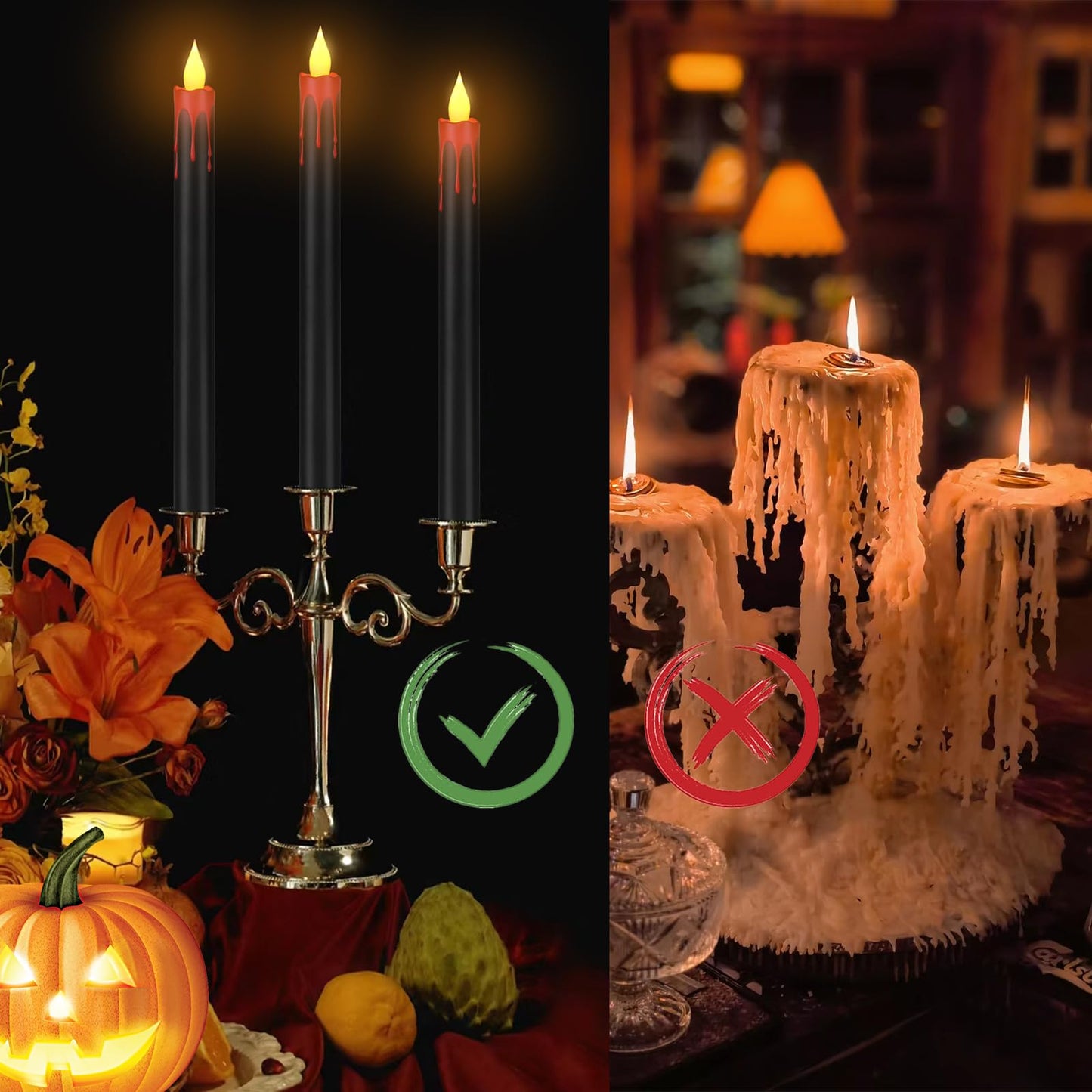wemarry Flameless Taper Candles 10.6" Dripless Battery Operated Taper Candles Included Remote Timer 400+ Hours by 2AA Batteries for Halloween Christmas Wedding (Black+Burgundy, 6 Pack)