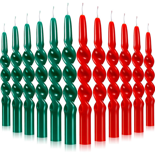 Conelist 12 Pcs 10 Inch Red and Green Taper Candle Unscented Dripless Twisted Christmas Spiral Candles Bulk for Wedding Home Dinner Party Ceremony Religious