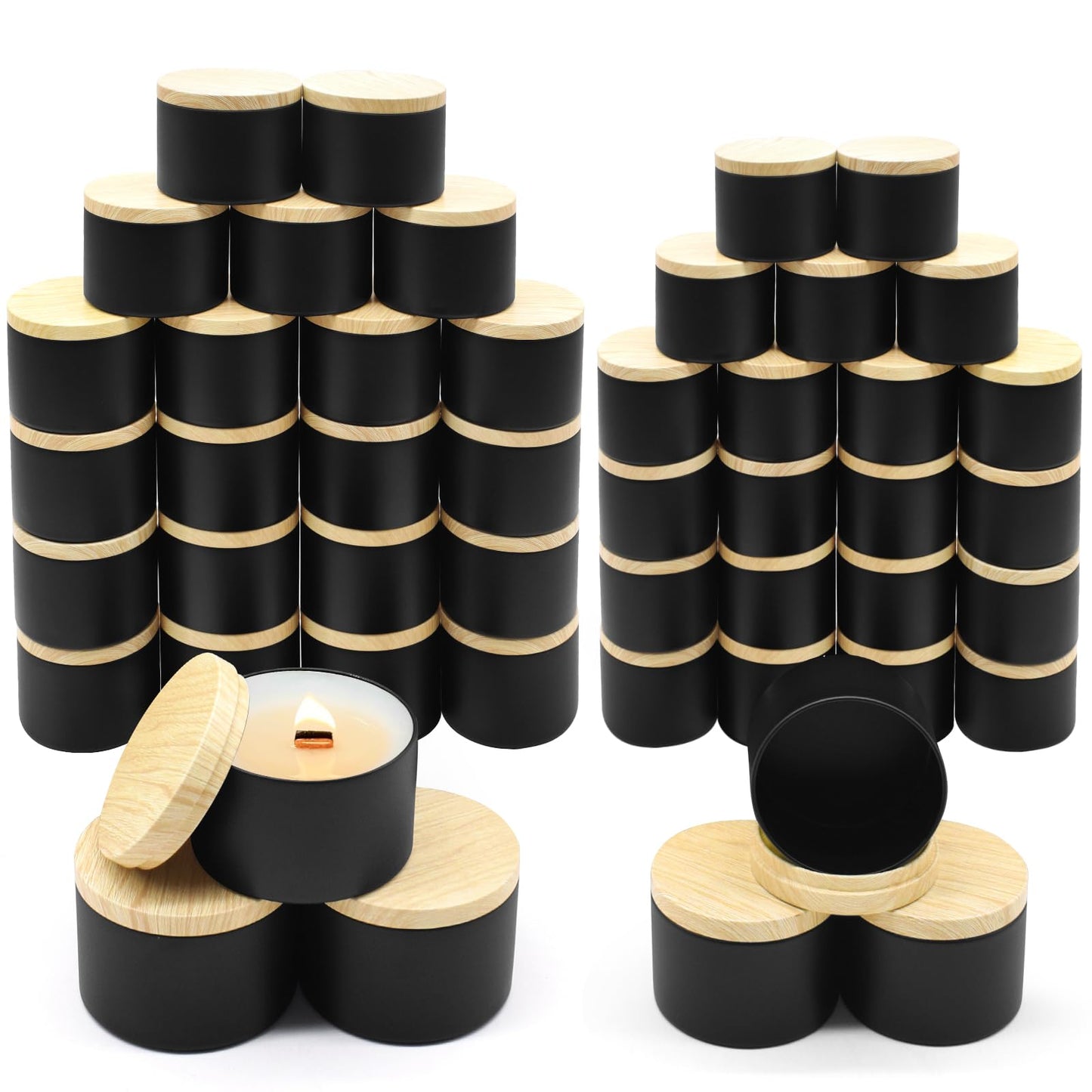 YJHSS 48-Pack Candle Jars, 24pcs 8oz + 24pcs 4oz Candle tins with Metal Wood-Grain Printing Lids, Empty Candle Jars for Making Candles Bulk Candle Containers-Black