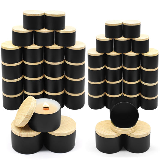 YJHSS 48-Pack Candle Jars, 24pcs 8oz + 24pcs 4oz Candle tins with Metal Wood-Grain Printing Lids, Empty Candle Jars for Making Candles Bulk Candle Containers-Black