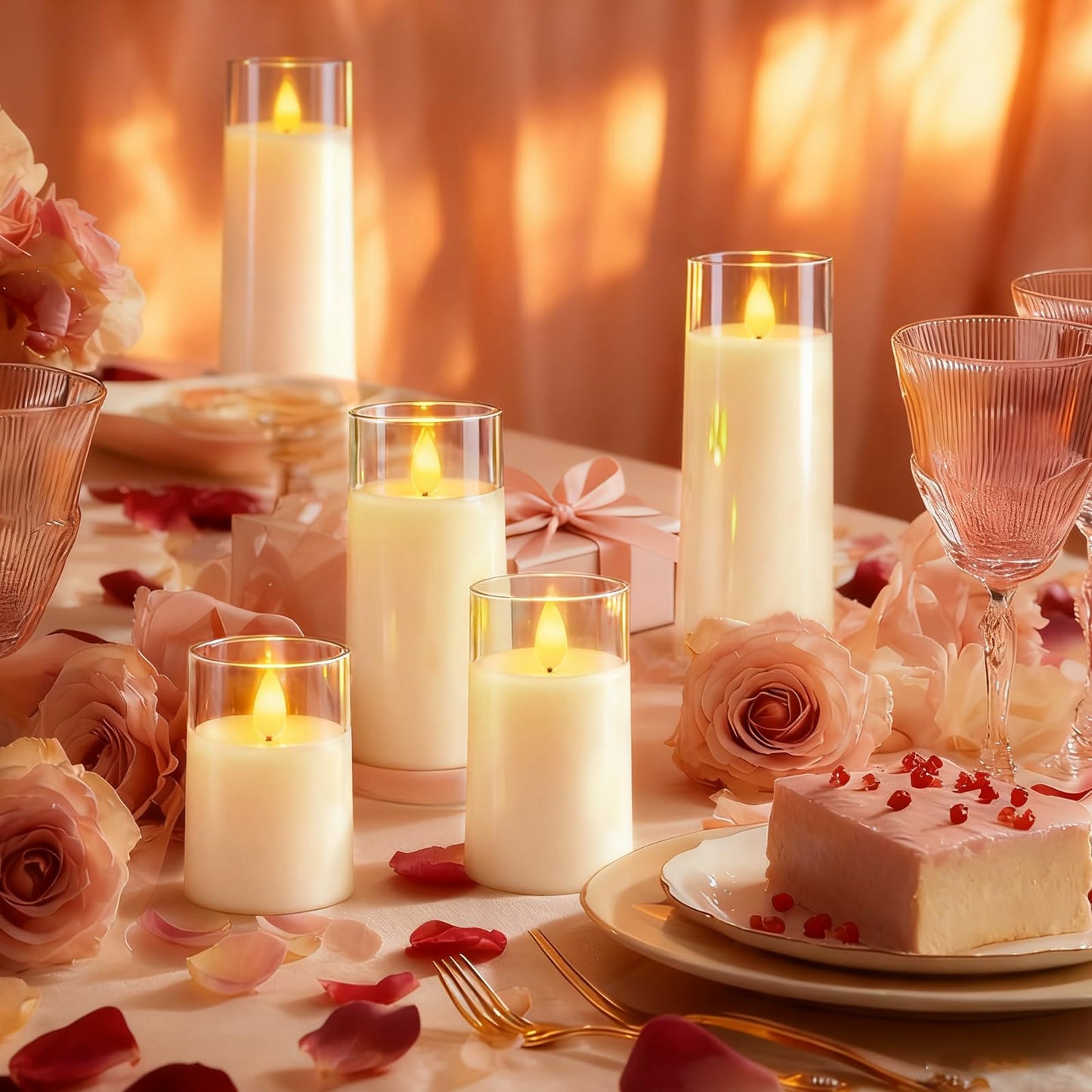 Raycare Flameless Candles Battery Operated with Remote Timer, Acrylic Flickering LED Pillar Candle for Valentine's Day, Home Decor, Gift for Family and Friend, White, Set of 5