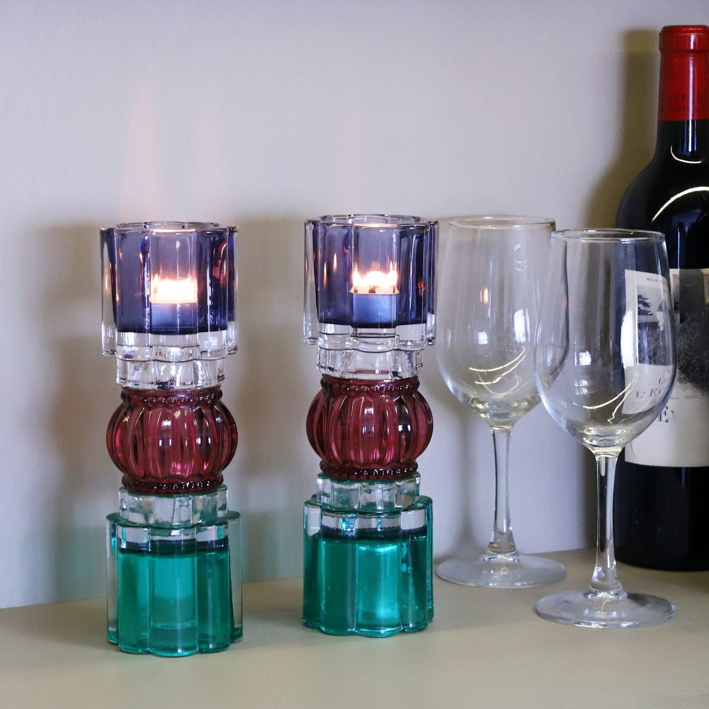 VOHO Tealight Candle Holder Jazzy Glass Mix, Modern Tall Votive Candle Holders for Home Decor, Pair of Fluted Tea Lights Candle Holder Centerpiece Table Decorations(7.87x2.75 in W/H, Shades of Blue)