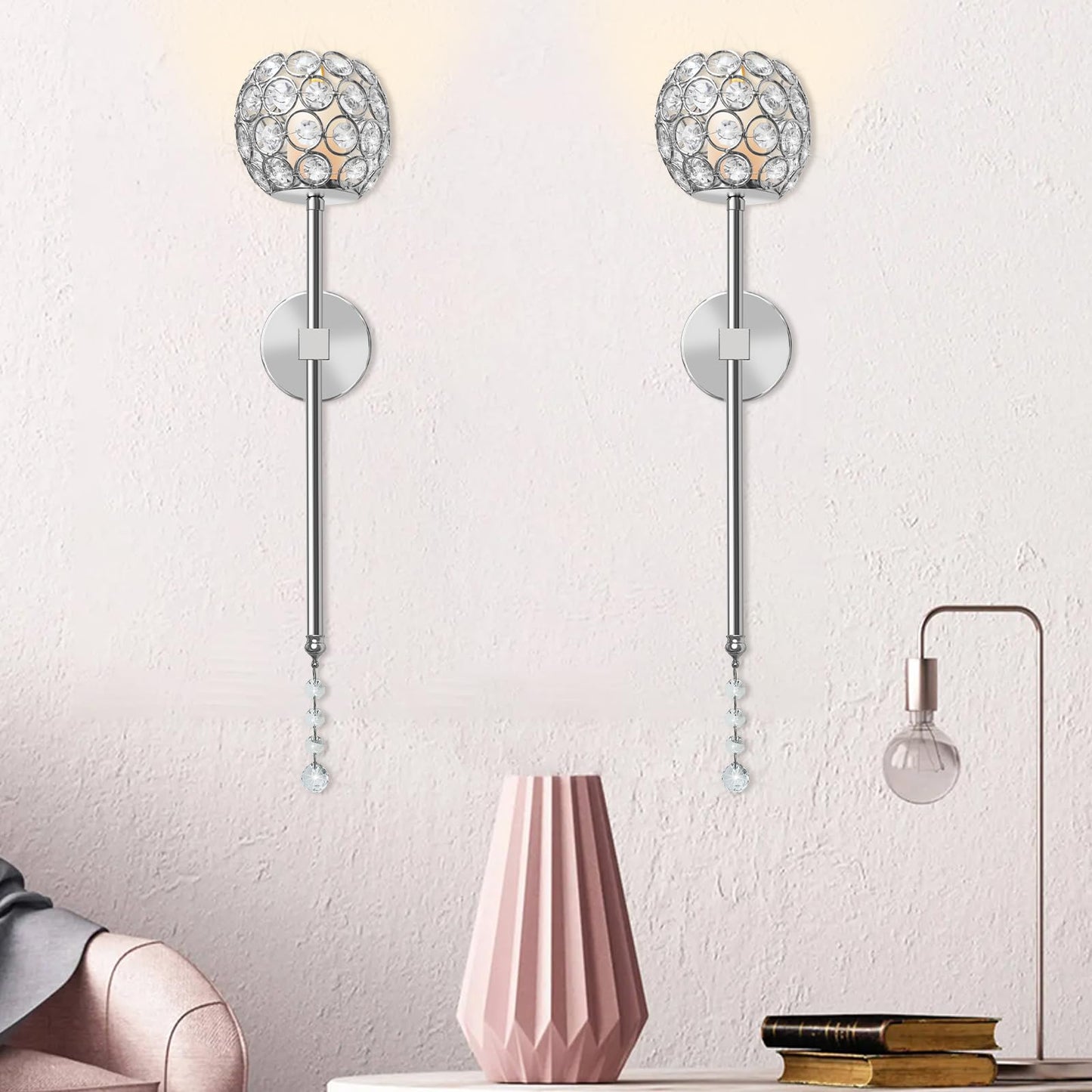 Crystal Candle Sconces for Wall Decorative Long Candle Holder Sconce Wall Art Home Decor for Bedroom Living Dining Room, Set of 2-Silver