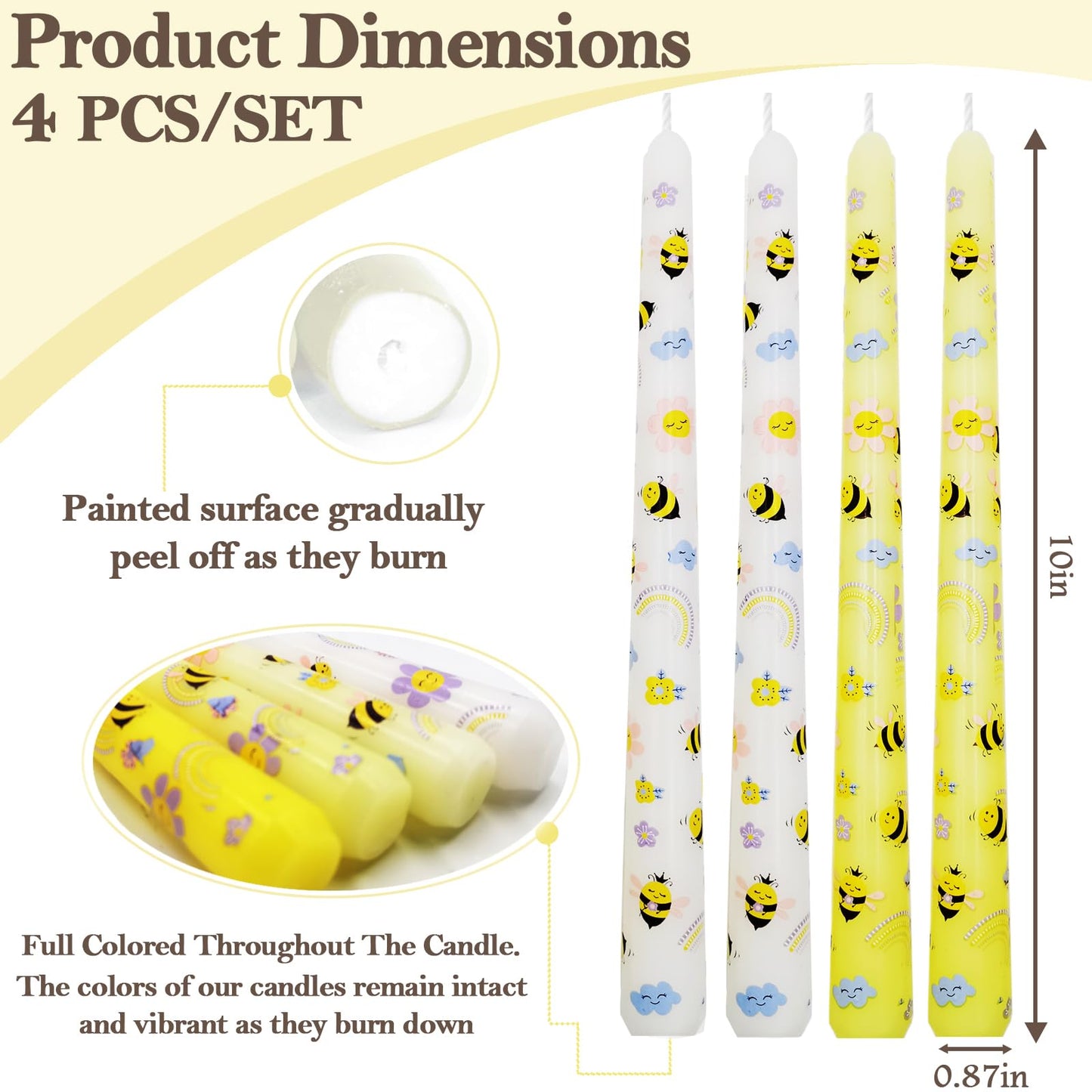 W&LESVAGO 10 Inch Yellow Bee Print Taper Candles, 4 Pack Unscented No-Drip Low-Smoke Long Wax Candlesticks for World Bee Day, Wedding, Party, and Dinner Table Decor (AY2)