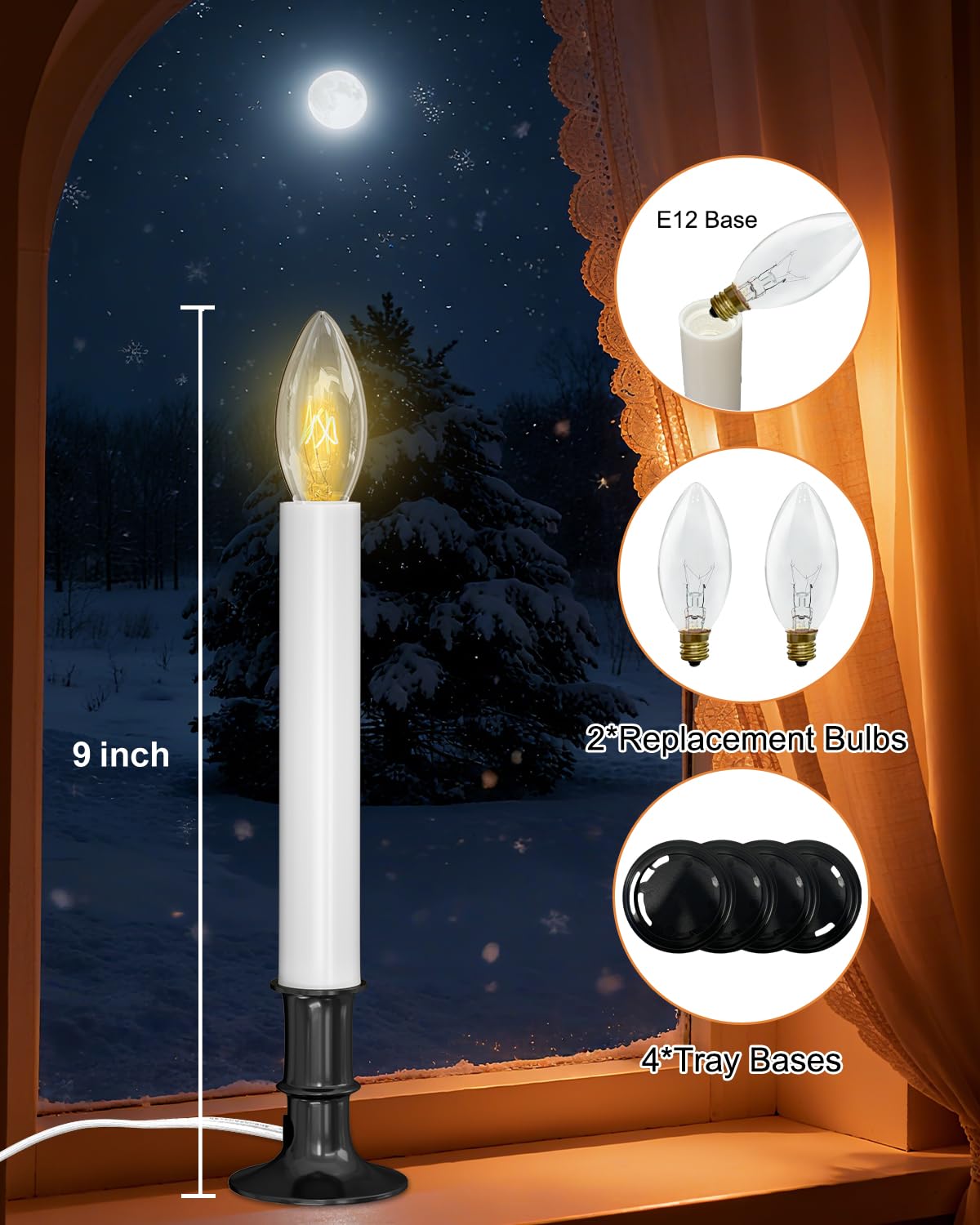 4 Pack Christmas Electric Window Candles, Christmas Candles with Dusk-to-Dawn Auto Sensor, Plug in Candle with 7W C26 Light Bulbs, Turns On in Dark - Off in Light
