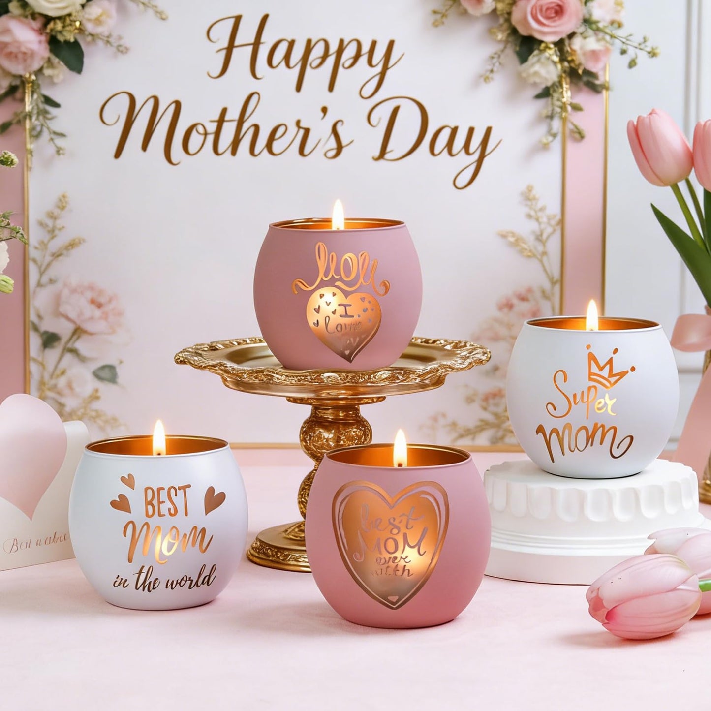 Mother's Day Glass Candle Holders Set of 4, Best Mom Ever Tealight Holders with Super Mom & Heart Designs, Decorative Votive Candle Holders for Women's Birthday, Grandma Gift & Mother's Day Decor