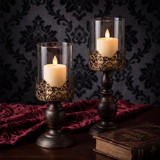 Ferrochef 2 Pack Gothic Candle Holder Vintage Gothic Candle Holder with Openwork Pattern Halloween Candles Holders Vintage Candlestick Stand Decorative Pillar Holders for Table Centerpiece Decoration
