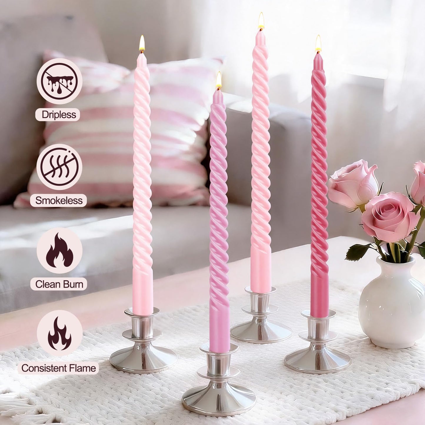 Valentines Taper Candles, 4 Packs Pink Spiral Twisted Taper Candles Set, Long Lasting Unscented Candlesticks 10 Inch Tall for Dinner Home Kitchen Decor Wedding Party Church Valentines Day Decorations
