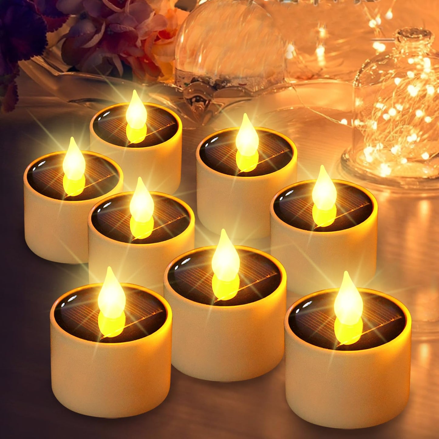 Solar Tea Lights Outdoor Waterproof - 8 Pack Rechargeable Flickering Candle Lights Solar Powered Reusable LED Candles Flameless Lamp Nightlights for Lanterns Garden Camping Home Decor, 2.3''x2.1''