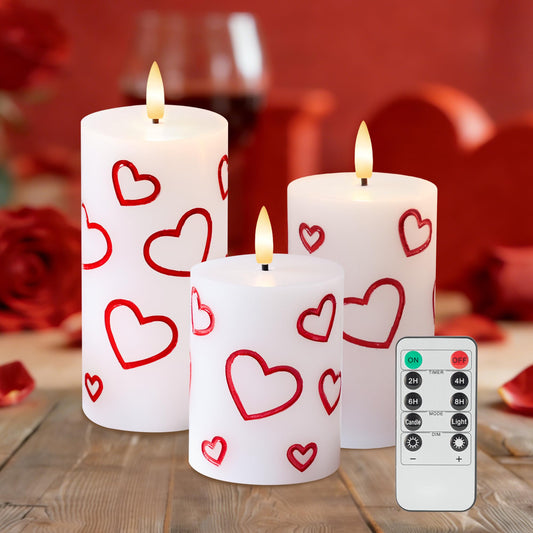 AFINETH Valentines Day Heart Candles, Real Wax Flameless Pillar Candles with Remote, Real Wax Flickering LED Pillar Candles Valentine's Day Candles Gifts for Her Him Wife Mom Home Party Decor, 3 Pack