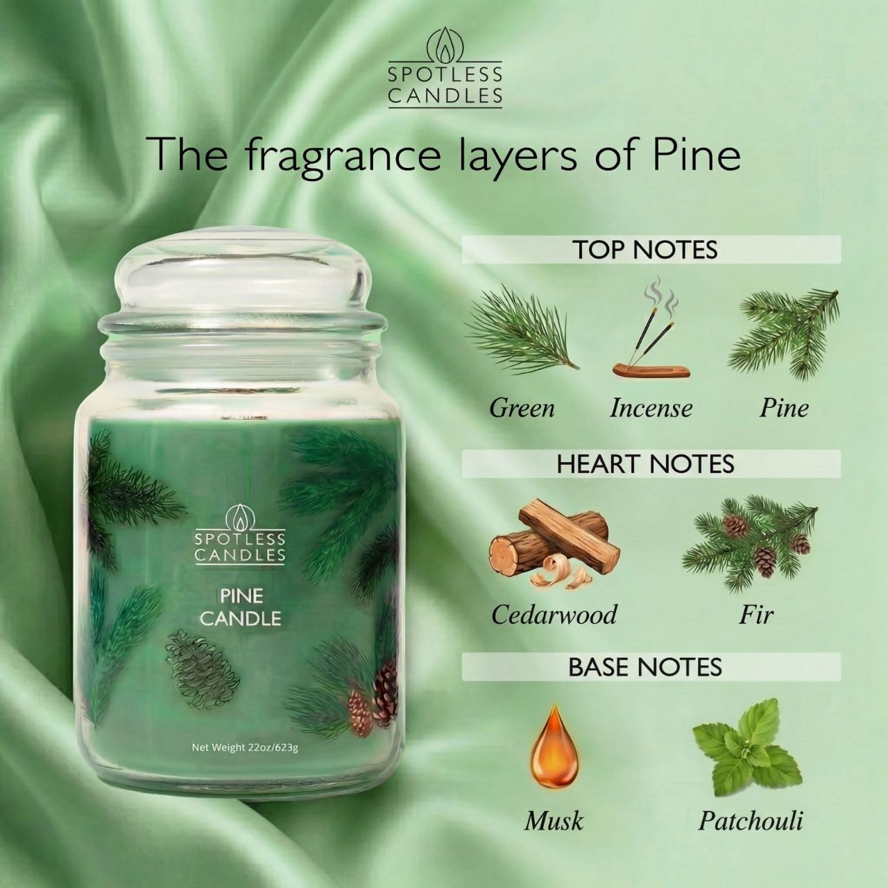 Pine Candle 22oz: 130 Hours Burn Time Hybrid Soy Candles Crackling Wooden Wick, in a Luxury Gift Box in a Protective Shipper by Spotless Candles