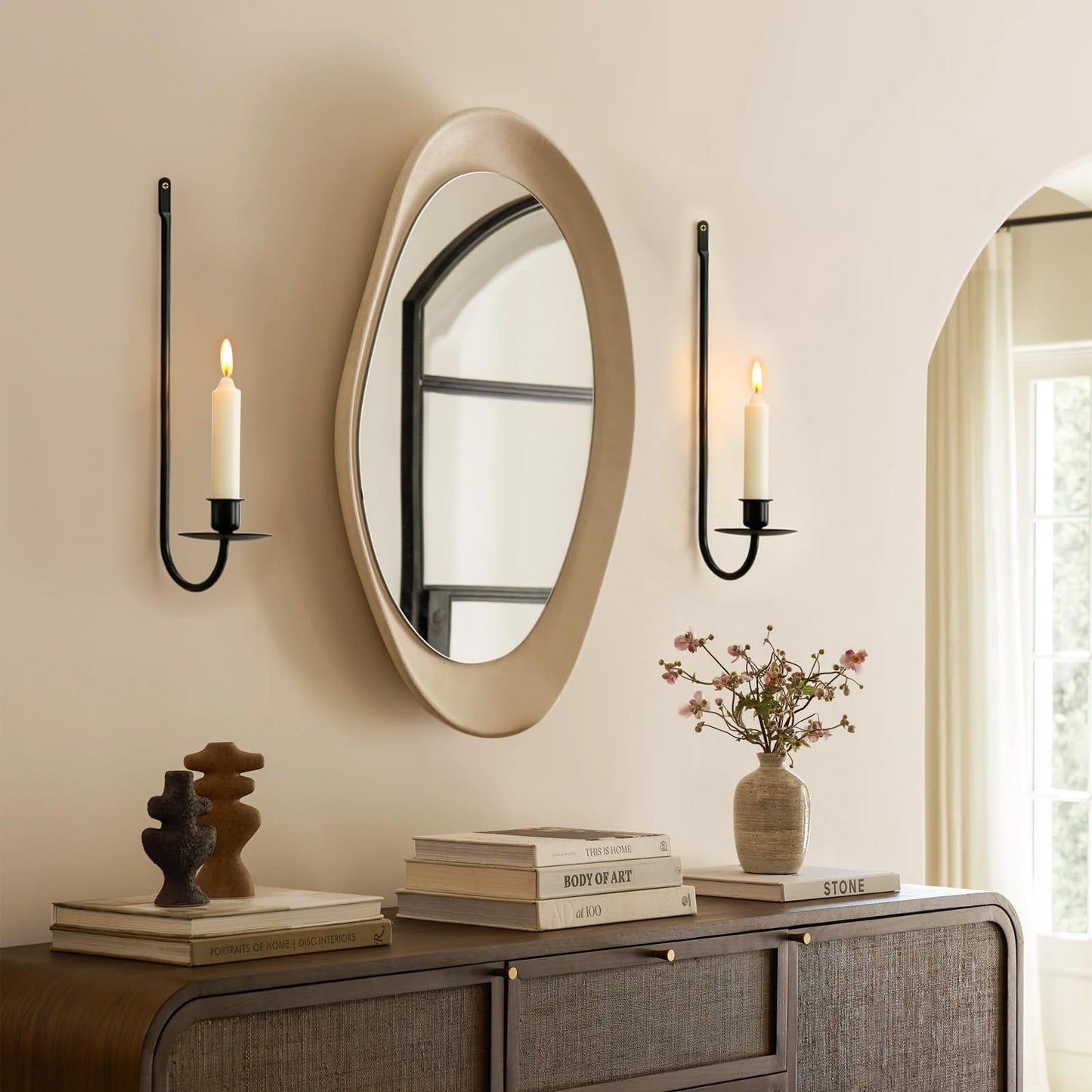 MrMrKura Wall Candle Sconces Set of 2, Metal Wall-Mounted Candle Holder for Taper Candles, Modern Wall Decoration for Farmhouse Fireplace Living Room (Black)