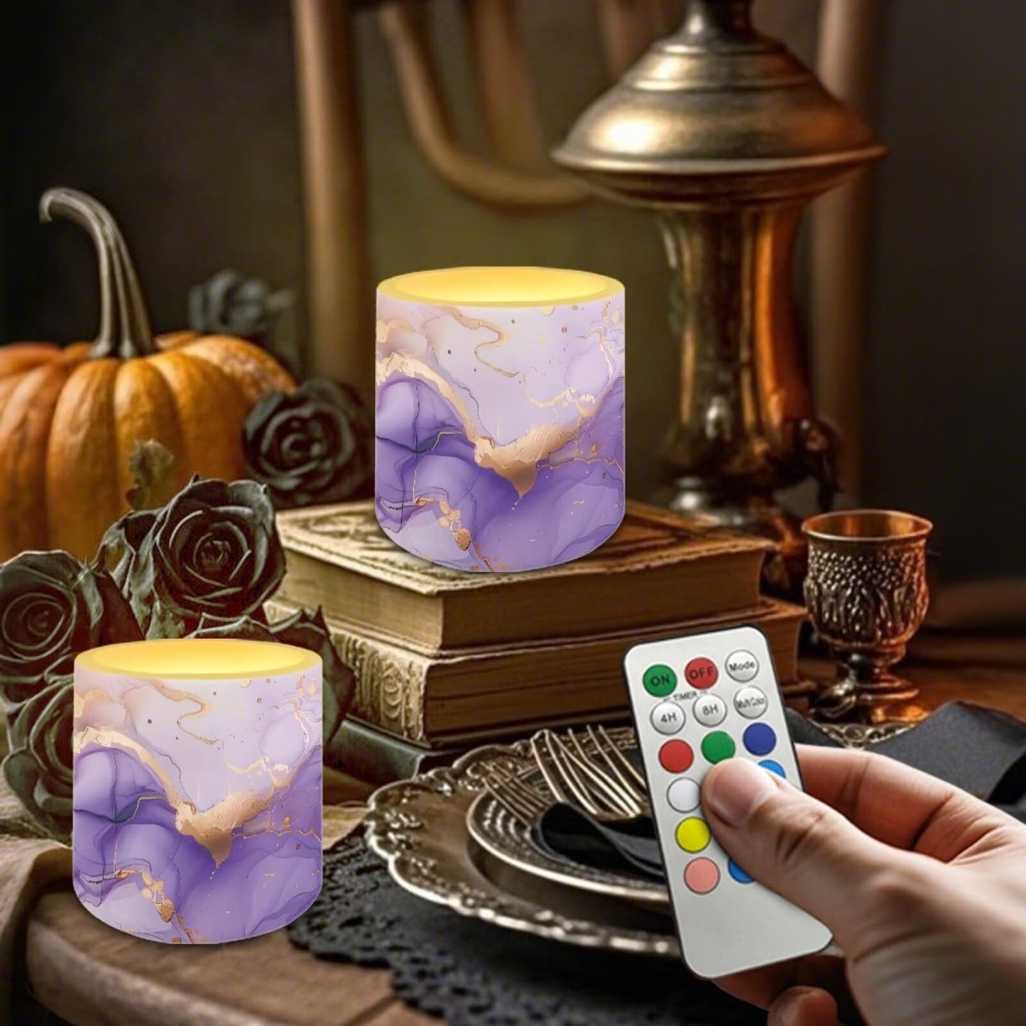 Merkmak 4 Pack Flameless Candles with 18-Key Remote Purple Marble Battery Operated Candles with Timer Flameless Pillar Tea Lights for Party Banquet Home Decorations