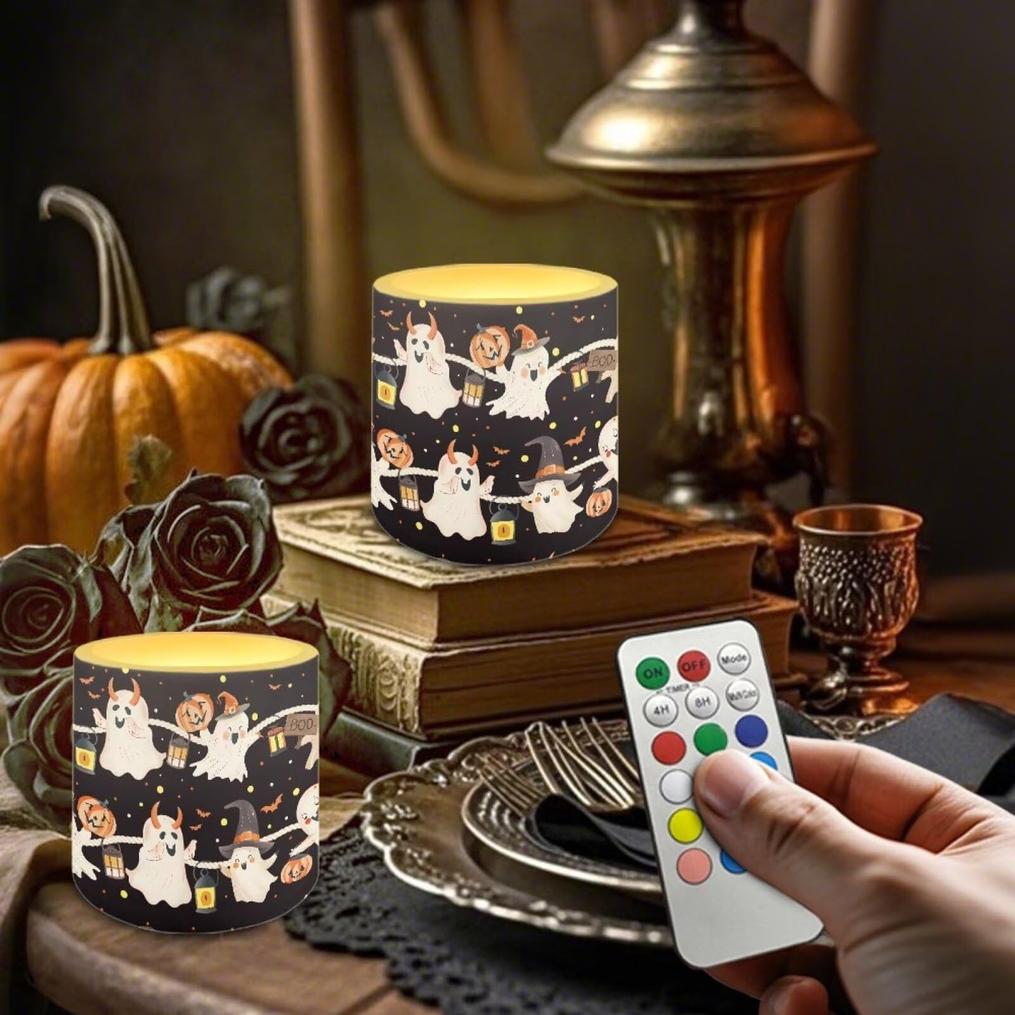 Merkmak 4Pcs LED Candles Halloween Pumpkin Ghost Flickering Flameless Candles with Remote and Timer Battery Operated Pillar Tea Lights for Indoor Outdoor Party Home Decor