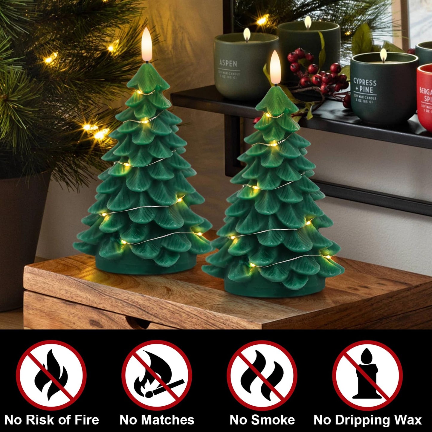 Eldnacele Christmas Tree Flameless Candles String Lights with 11-Key Remote and Timer, Battery Operated 3D Wick Flickering Real Wax LED Pillar Candles Xmas Eve Dinning Holiday Decor(2Pcs,3"×7.1")