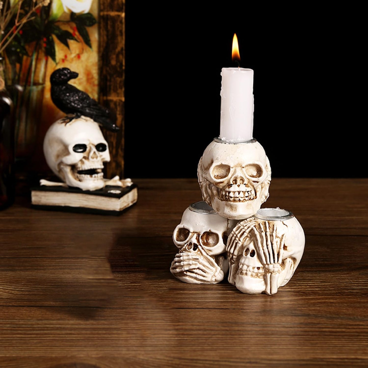3 Piece Halloween Skull Candle Holder for Table Centerpieces Fireplace Halloween Decor and Dinner Party Resin Halloween Candlesticks Holder