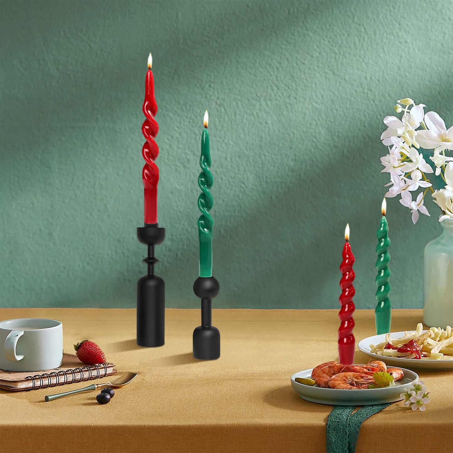 MAITREYA Christmas Taper Candles Conical Stick Candles Spiral Candles-Set of 4 for Decoration Weddings Party Church-Unscented Dripless Candles,10inch(C-Green,Red)
