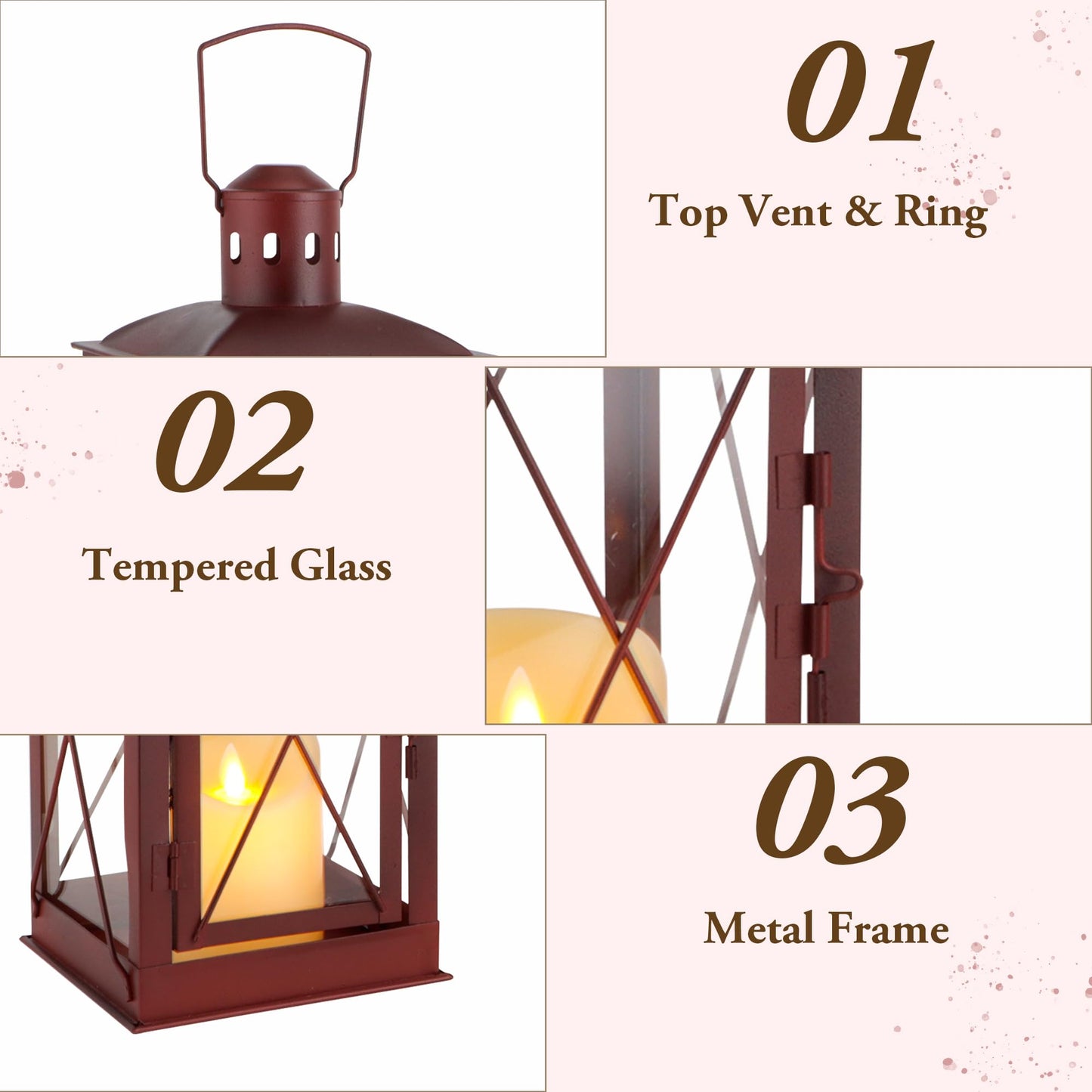 TRIROCKS Set of 2 Decorative Candle Lantern 14/10'' High Metal Candle Holder Hanging Lantern Perfect for Home Decor Patio Living Room Parties Events Tabletop Indoors Outdoors (Red)