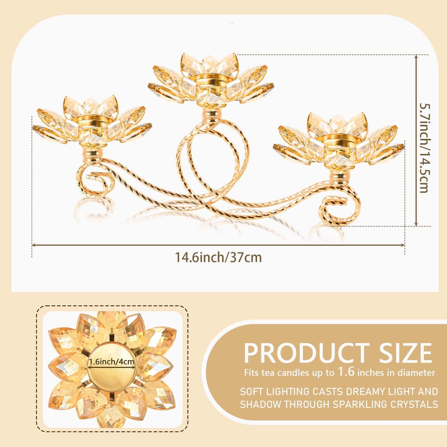 2Pcs Gold Kehail Crystal Metal Tea Light Candle Holder Set, 3-Arm Flower Shaped Crystal Votive Candlestick Holders for Table Centerpiece, Wedding Shower, Party and Home Decor