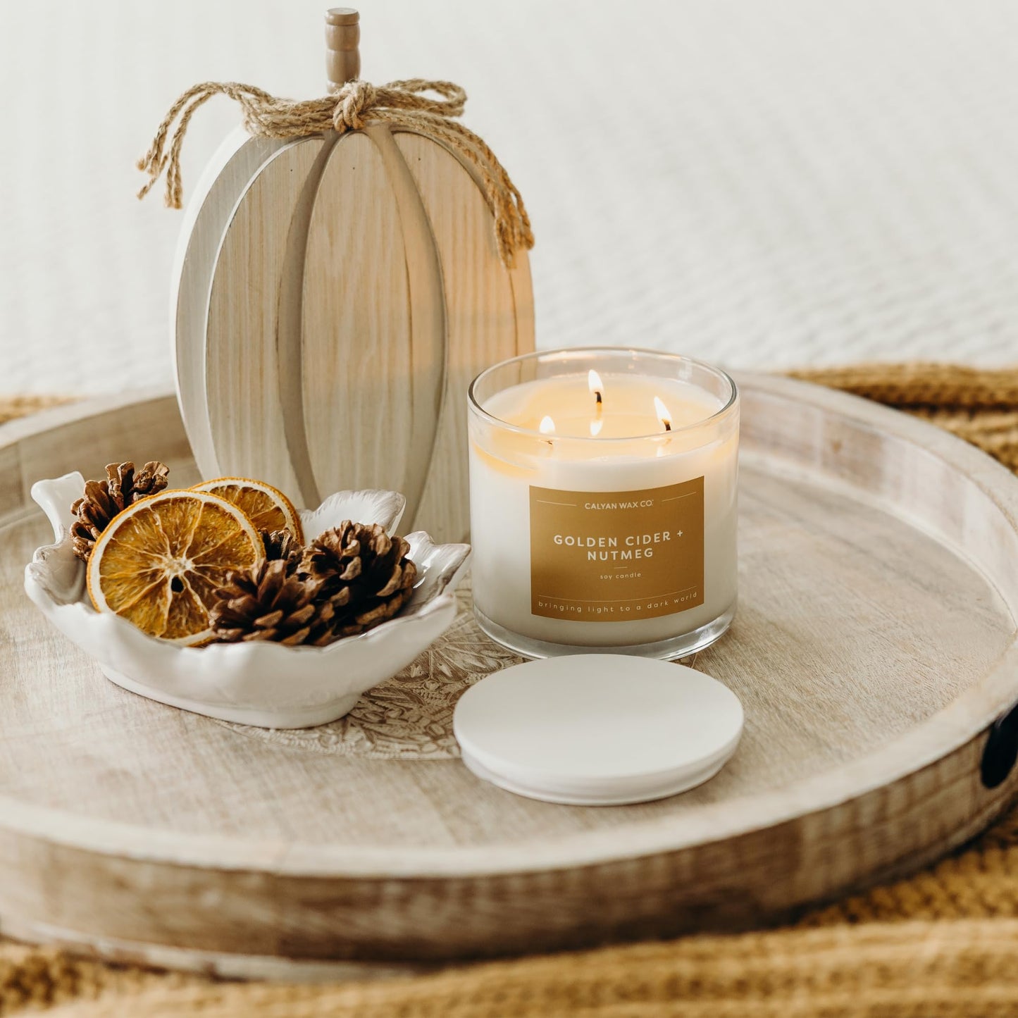 Calyan Wax Co. Golden Cider & Nutmeg 3 Wick Scented Candle - 43 Hour Burn - Luxury 3 Wick Soy Candles - Clean Soy Wax Candles - Long Lasting Large Glass Jar Candle for Home - 14.9oz