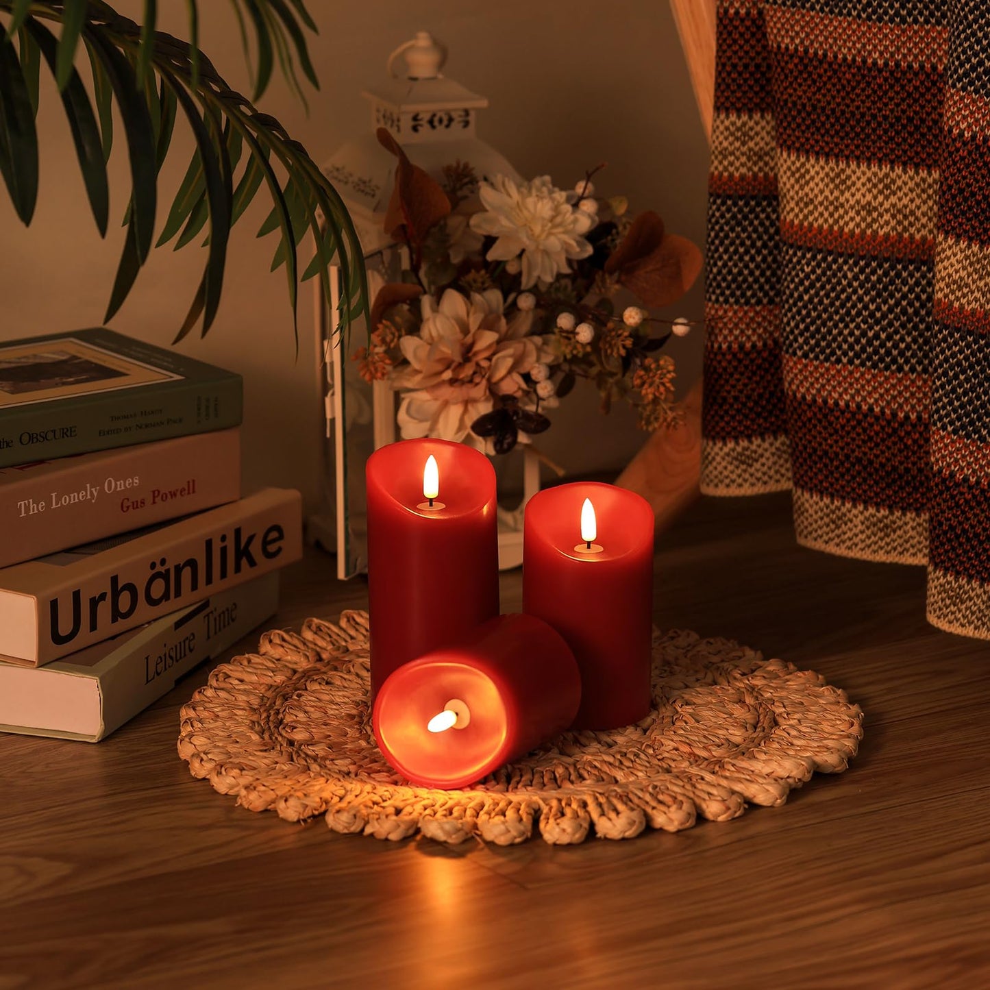 Battery Operated Candles, Real Wax Red LED Candle Flickering Flameless Candles with Remote, 3D Wick Fake Candles for Christmas, Thanksgiving, Home Decor, Party, Gifts, Set of 3, D3"x H4"/5"/6"