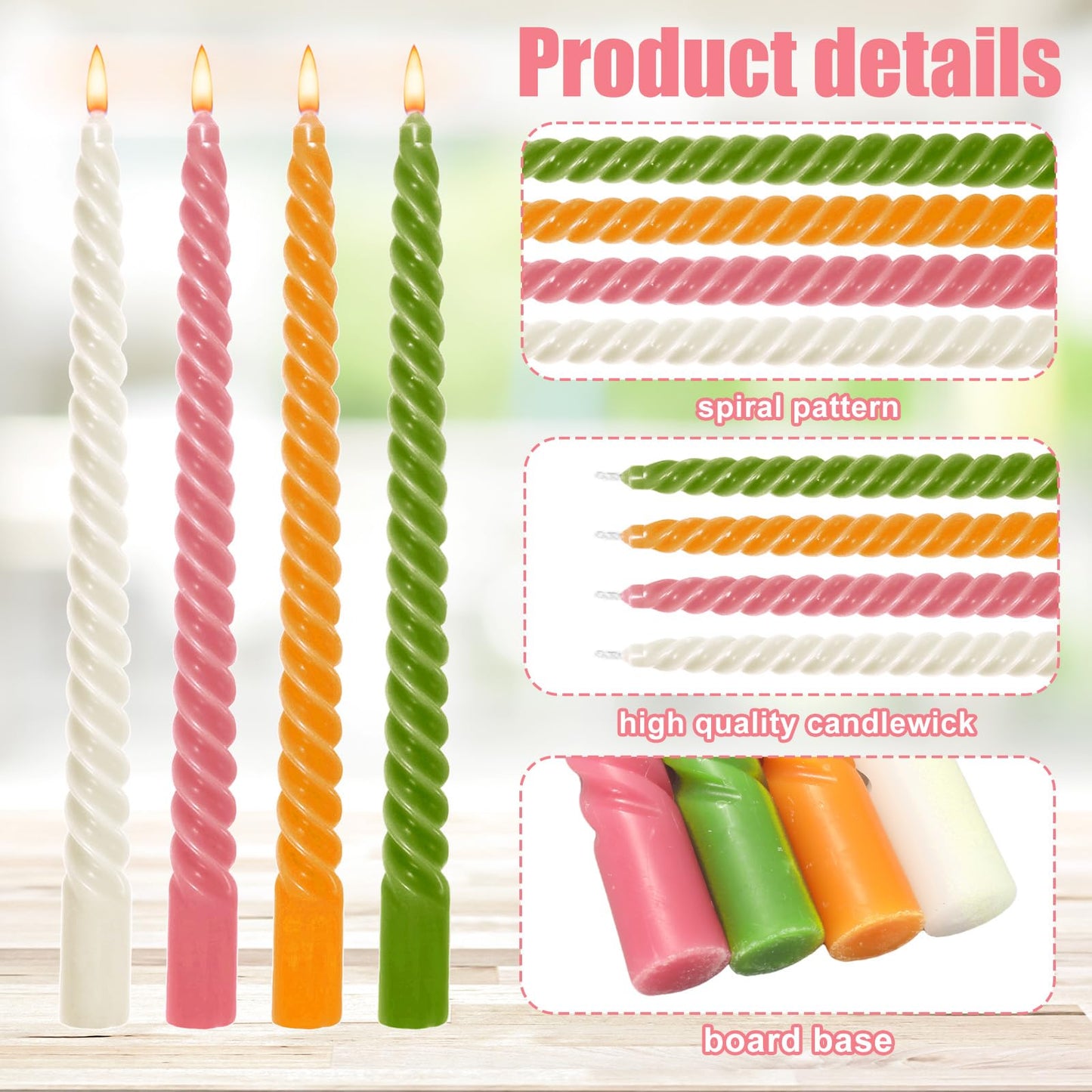 Whaline 8 Pcs Spiral Taper Candles White Pink Orange Green Dripless Twisted Wax Candles 10 Inch Long Unscented Candle Sticks for Spring Holiday Dinner Party Wedding Home Kitchen Table Decor