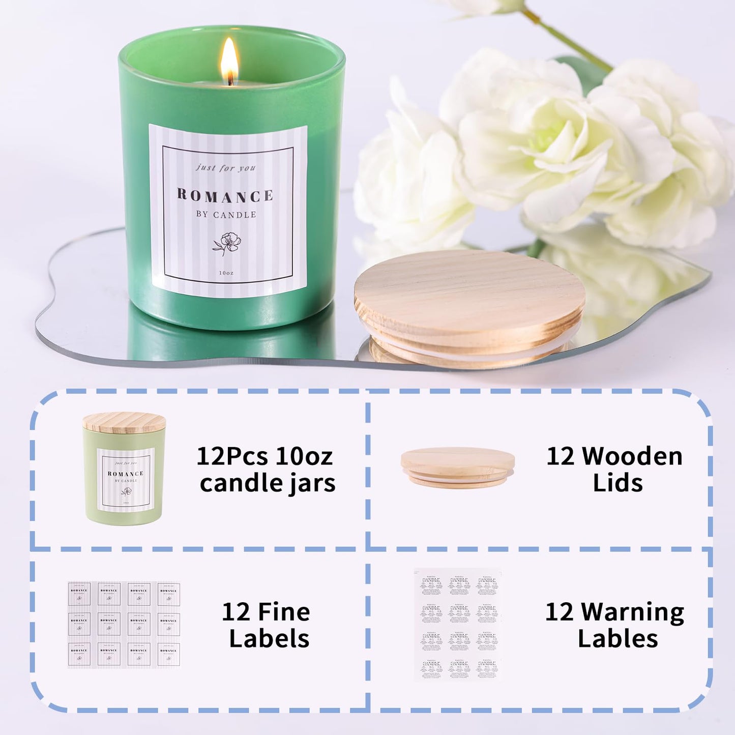 12Pcs Assorted Green Candle Jars for Making Candles, 10oz Empty Candle Jars with Bamboo Lids and Labels, Glass Candle Jar for Candle Making Supplies, Candle Containers for DIY Gifts