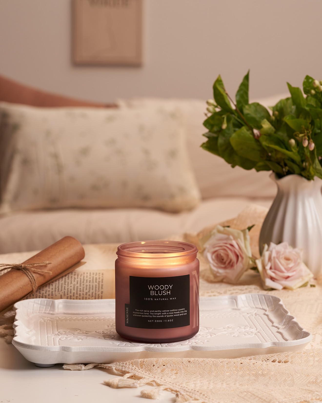 M&SENSE Rose Oud Scented Candles for Home, 11.6oz Organic Natural Soy Wax, 70-Hour Long Lasting Slow Burning, Non Toxic Clean Burn, Floral Scent for Stress Relief, Aromatherapy Gifts for Family