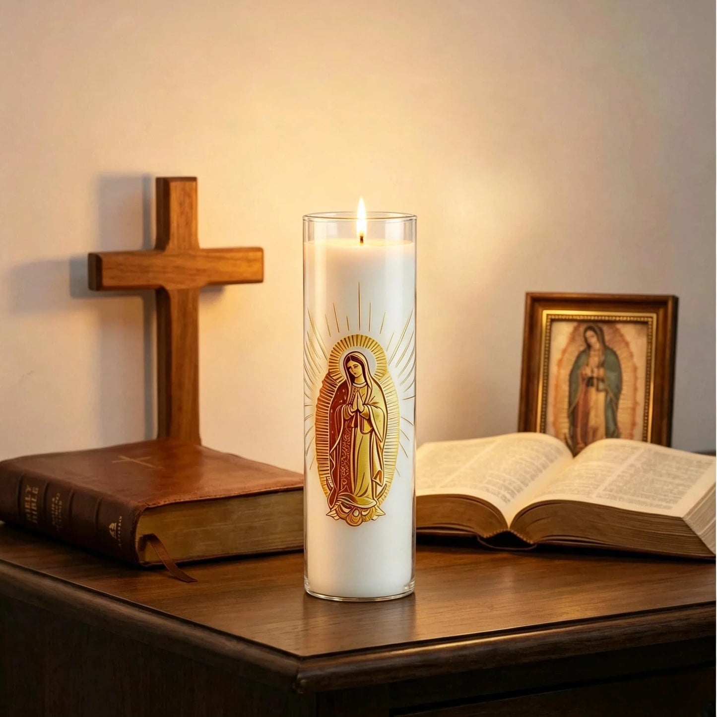 Virgen de Guadalupe Glass Beeswax Pillar Candle, 80-Hour Long Burning Smokeless Dripless Emergency Candle for Church, Prayer & Meditation, Christian Gifts for Women (Yellow, White)