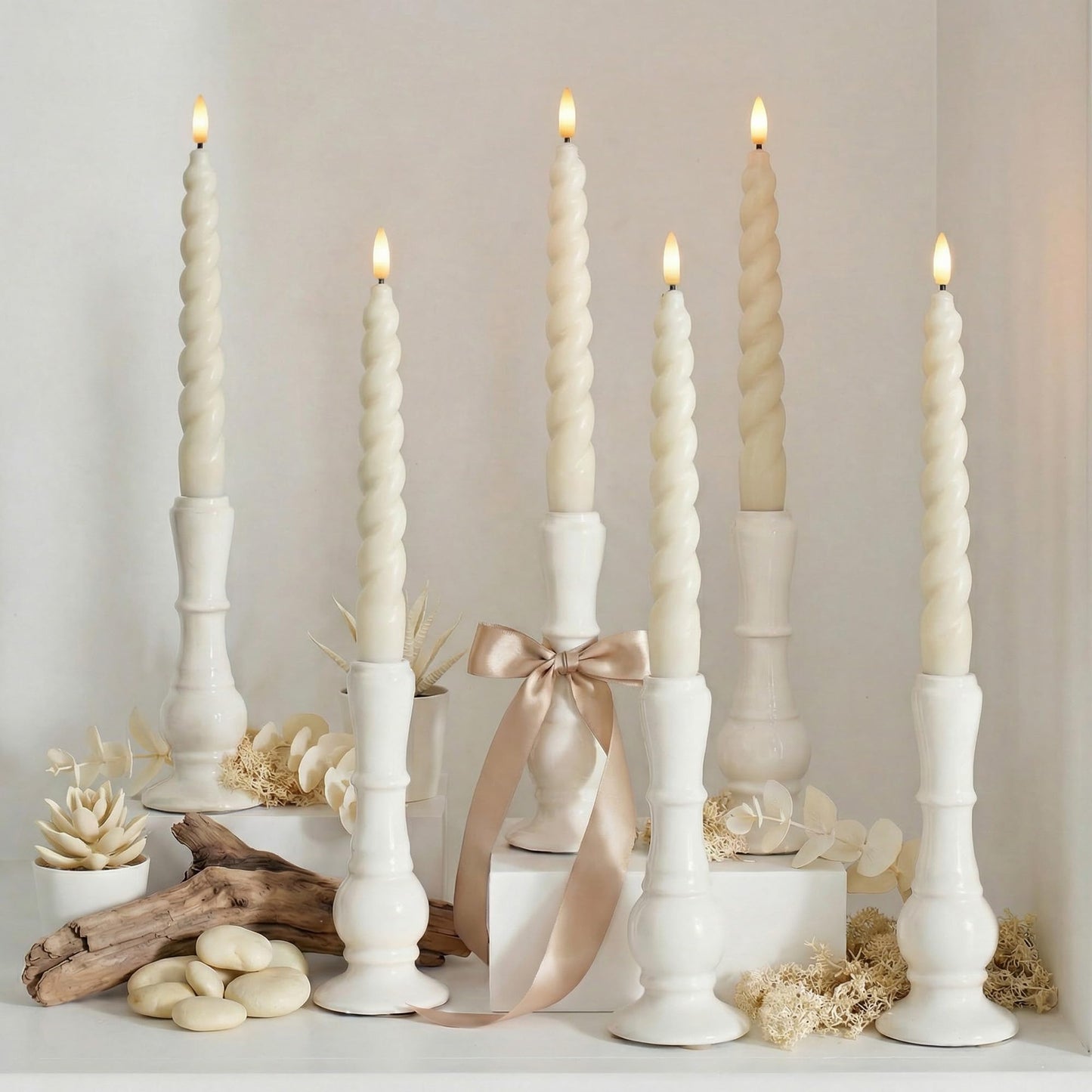 West Ivory Full Twisted Spiral Flameless LED Taper Candles – Ivory, Set of 6 – 2/4/6/8-Hr Timer (24-Hr Memory), Remote, Dimmable, Bottom On/Off Button, Flicker/Steady, Battery Operated