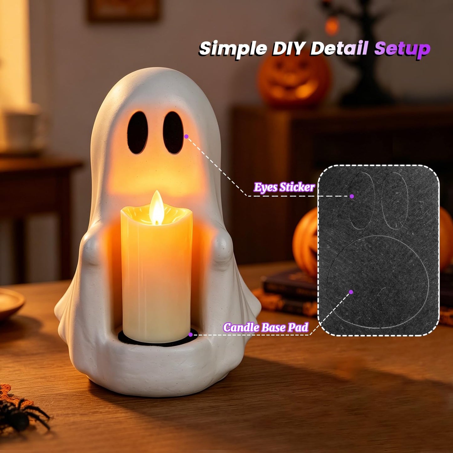 Halloween Ghost Candle Holder with Flickering Candle Effect, Spooky Cute Ghost Decor, Plastic Tabletop Decoration for Halloween Party Home
