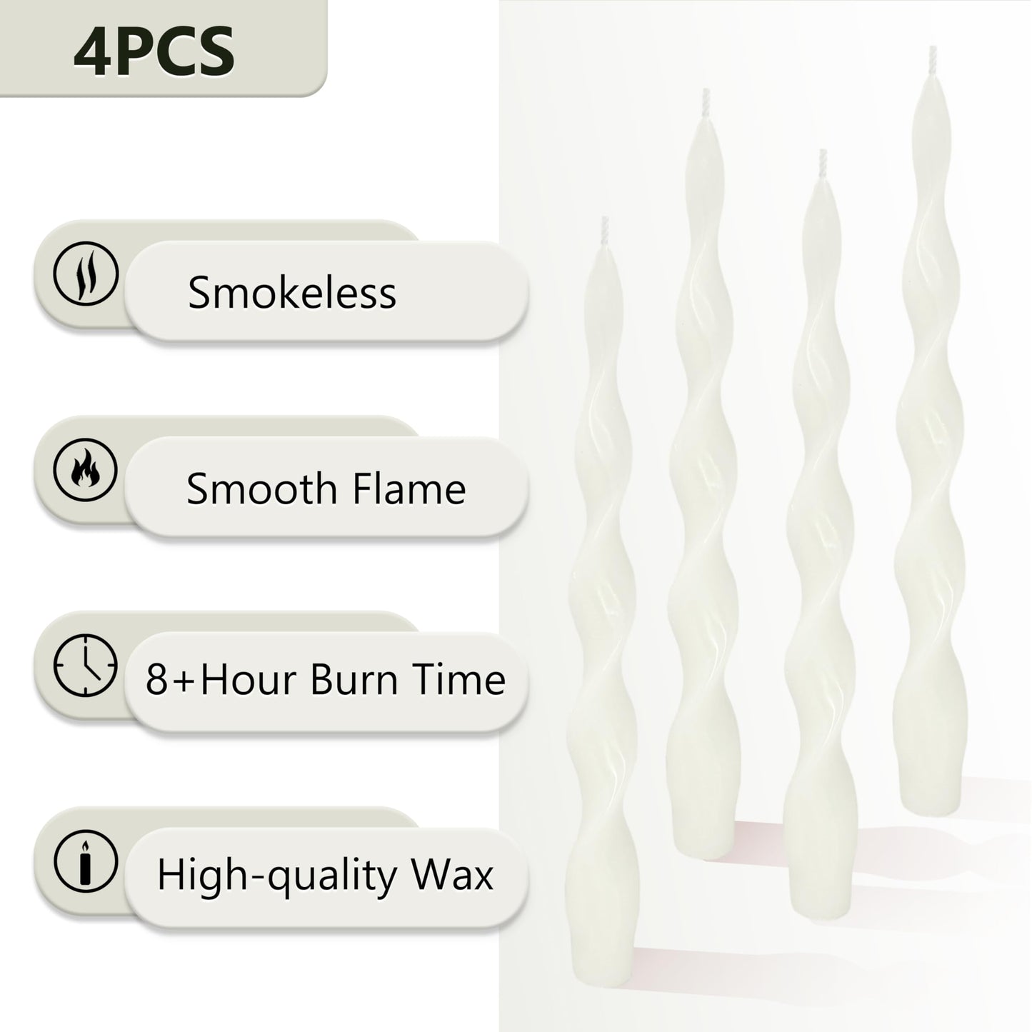 White Thin Twisted Candle Sticks 10 inch Long Spiral Candles Unscented Smokeless Twirl Tapered Candles for Weddings Holiday Dinner Meditation Home Decor Pastoral Rural Style