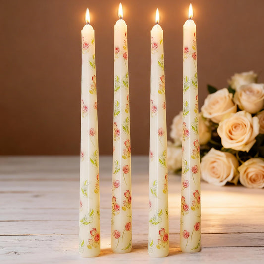 W&LESVAGO 4 Pcs Rose Print Taper Candles,10 Inch Rose Floral Patterns Ivory Dripless Long Candles Set for Wedding Anniversary Home Decor Dinner Party