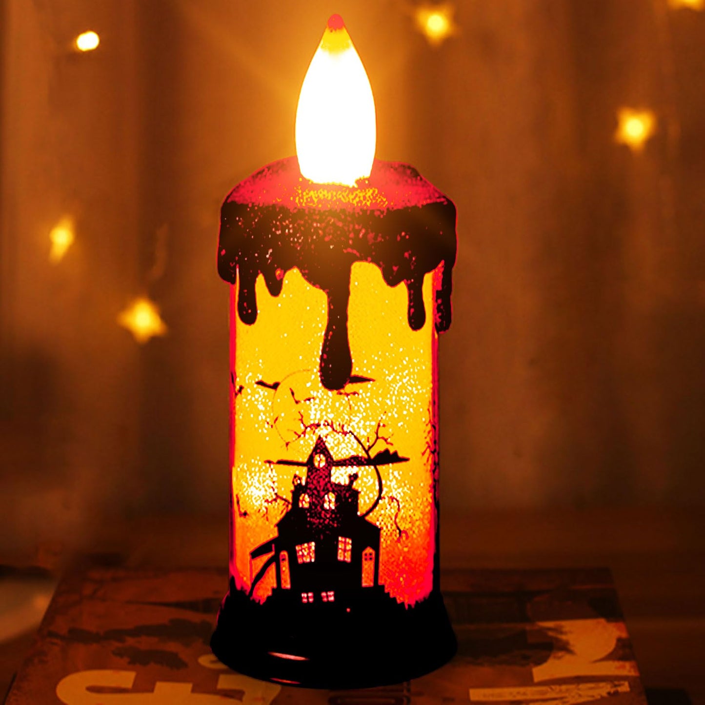 SWEETIME Halloween Snow Globe Candles,Black LED Flameless Battery Operated Pillar Candle,Sparkly Glitter 3D Fire Wick Flickering Flame,Fake Crystal Ghost Decor for Halloween Celebration Party