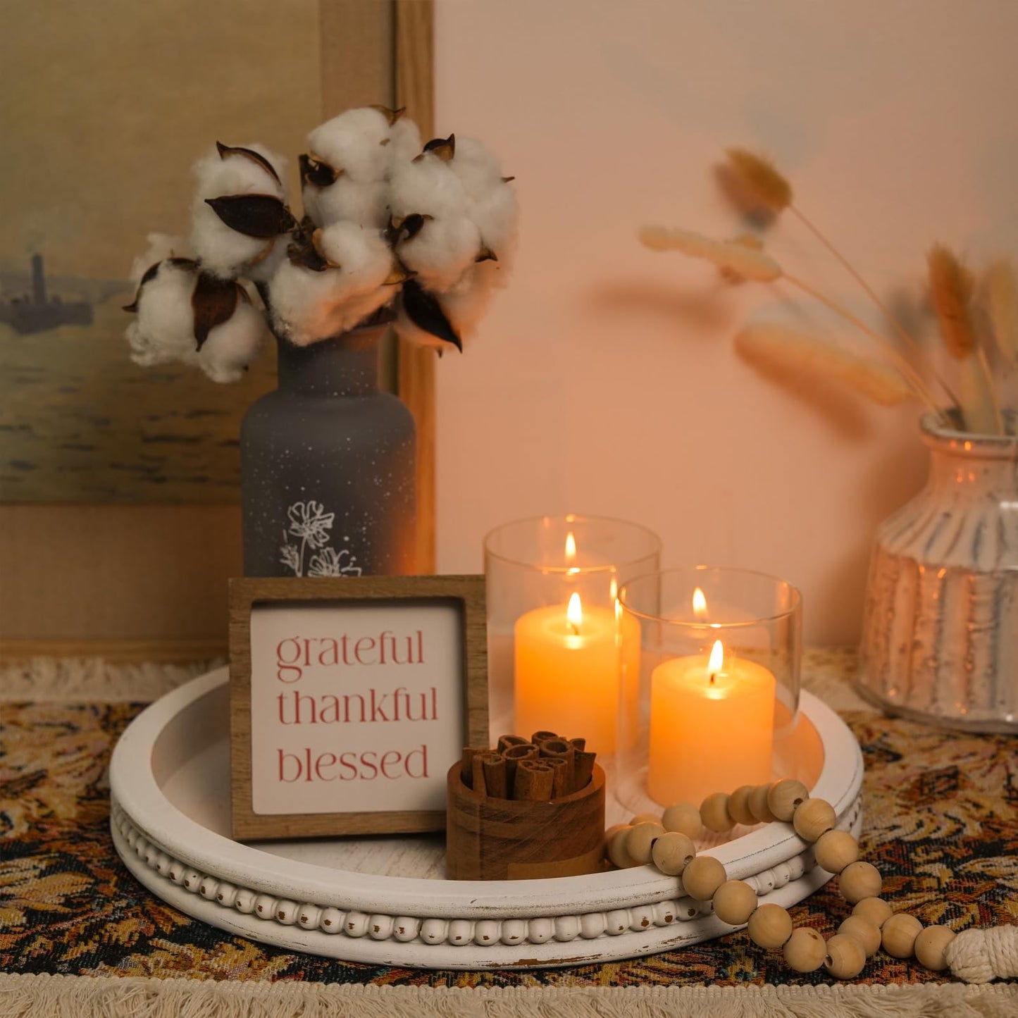 Farmhouse Wood Tray Candle Holder - Romadedi Bead Round Wooden Decorative Tray for Coffee Table Decor Serving Trays Kitchen Counter Rustic Centerpiece for Living Room Home Organizer, White Washed