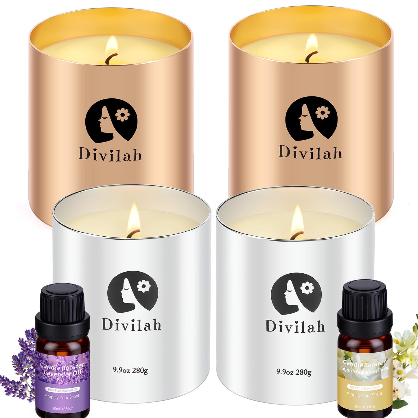 Divilah Scented Candles Set 4 Pack, Lavender & English Pear Freesia, 260H Burn Long-Lasting Natural Soy Wax Candles with Essential Oils for Home Relaxation, Stress Relief, Gifts for Women & Men, 39oz