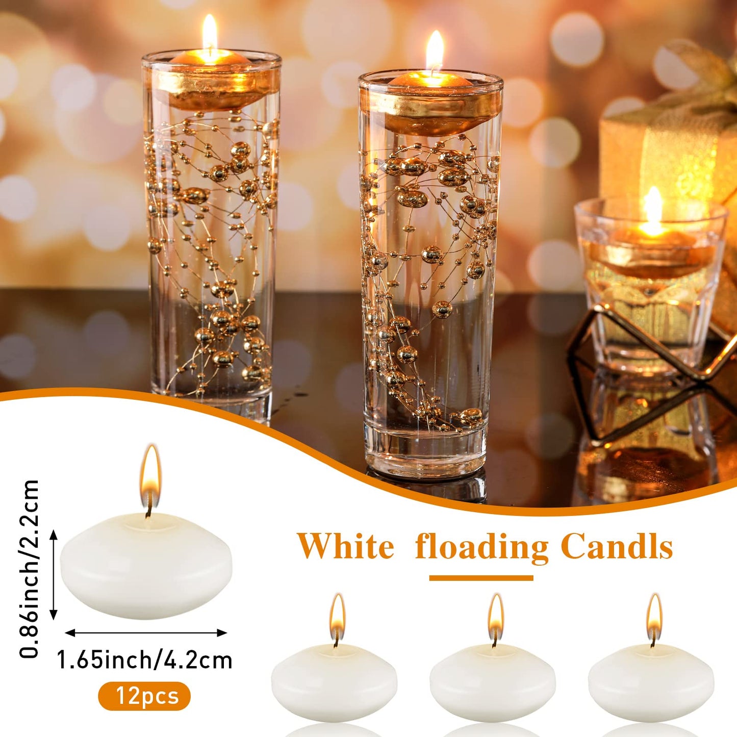 Nuanchu 12 Pieces 1. 65 Inch Floating Candles for Wedding Centerpiece, Small Unscented Floating Round Tealights Metallic Smooth Wax Disc Candles for Graduation Dinner Home Decor(White)