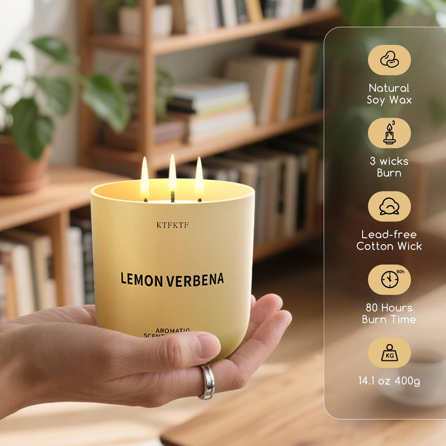 KTFKTF Lemon Verbena Scented Candle for Home, 14.2oz 80H Long Lasting Aromatherapy Candles for Energy & Focus, Non-Toxic Essential Oil & Soy Wax | Citrus & Herbal Freshness