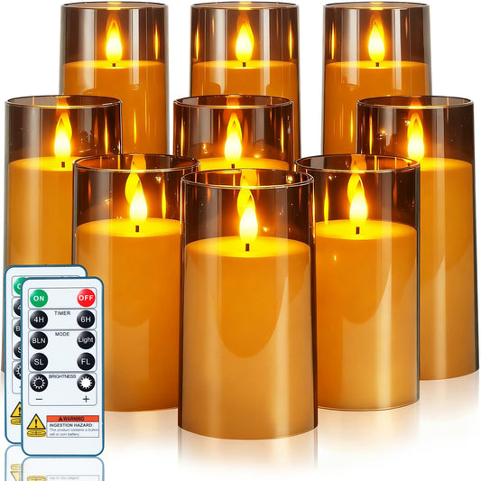 Homemory Gray Flickering Flameless Candles, Battery Operated Acrylic LED Pillar Candles with Remote Control and Timer, Halloween Decor, Set of 9
