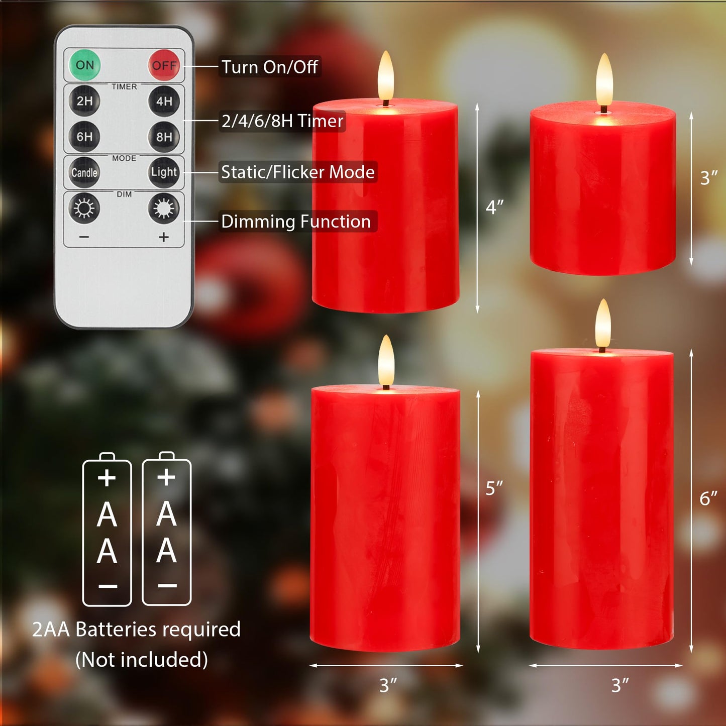 AFINETH Red Flameless Pillar Candles, Battery Operated Wax Candles with Remote, Flat Top Flickering Christmas LED Candle Decorations for Xmas, Home, Party Decor, Set of 4