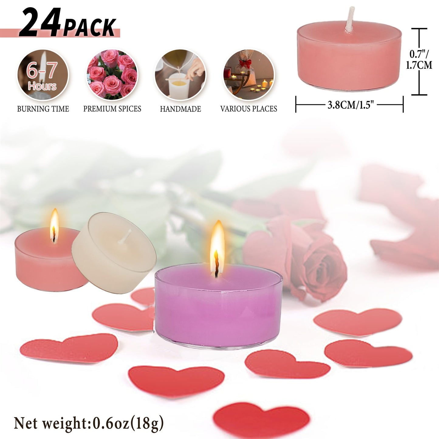 Gedengni Candlesticks Scented Tealight Candles,24pcs Handmade Round Tea Light Candles Rose Scent Wax Tealight Candle Smokeless Candle Stciks for Spa Home Decor Women Gifts (T01-24S-RDGRL)