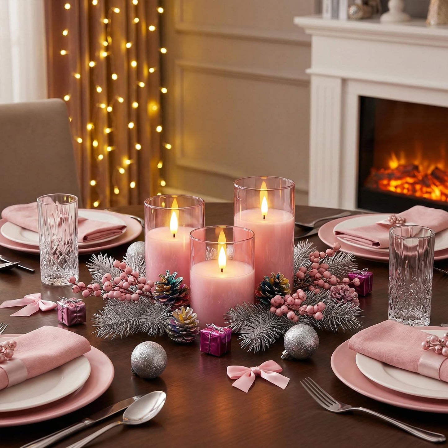 Homemory Pink Glass Flameless Candles, Battery Operated LED Pillar Candles with Remote & Timer, Real Wax Flickering Candles, Romantic Decorative Lights for Home Wedding Party, Set of 3