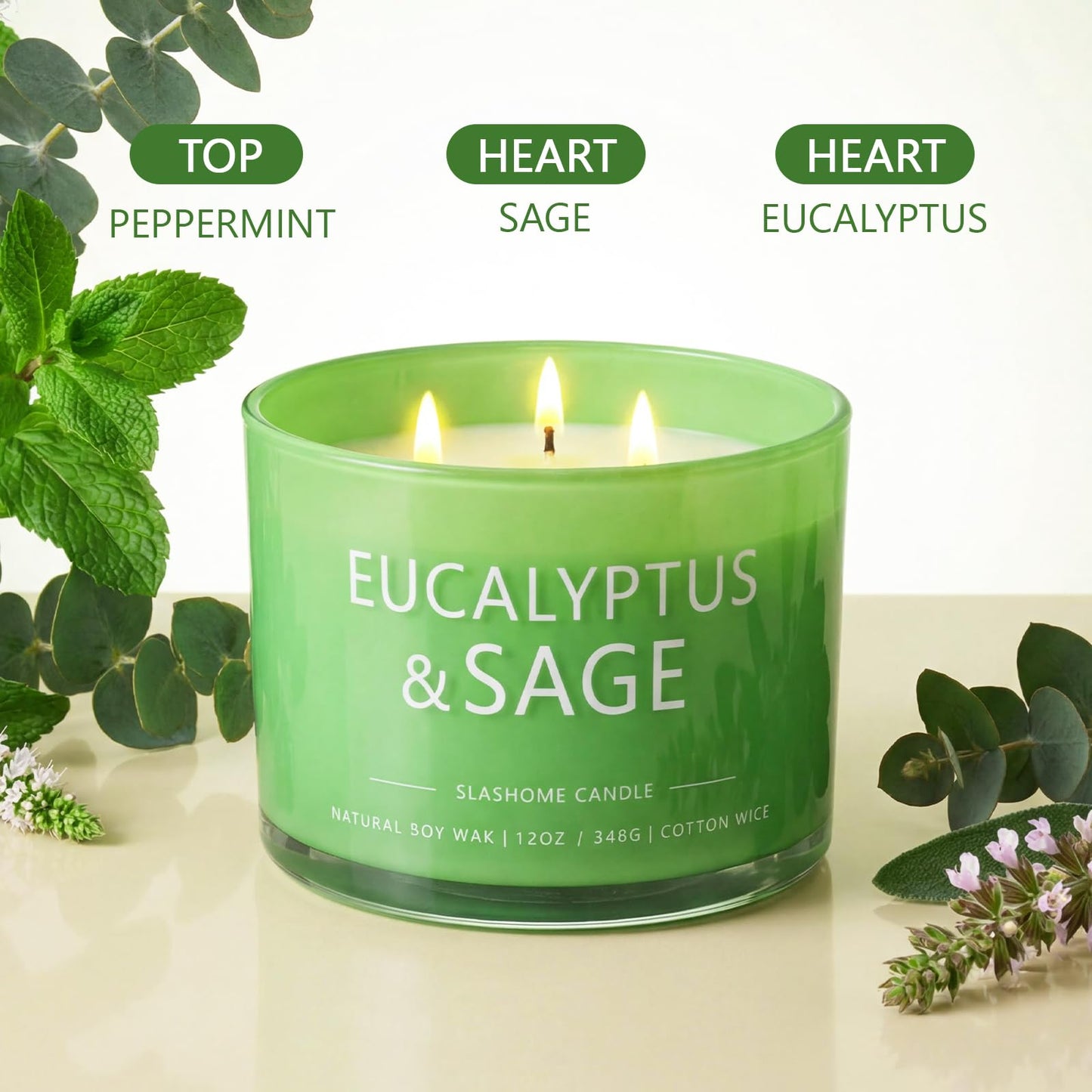 Sage & Eucalyptus Scented Candle, Luxury Large 3 Wick Soy Candle 12 Oz, 60+ Hour Long Lasting Clean Burn, Elegant Aromatherapy Home Decor, Housewarming & Birthday Gift for Men & Women