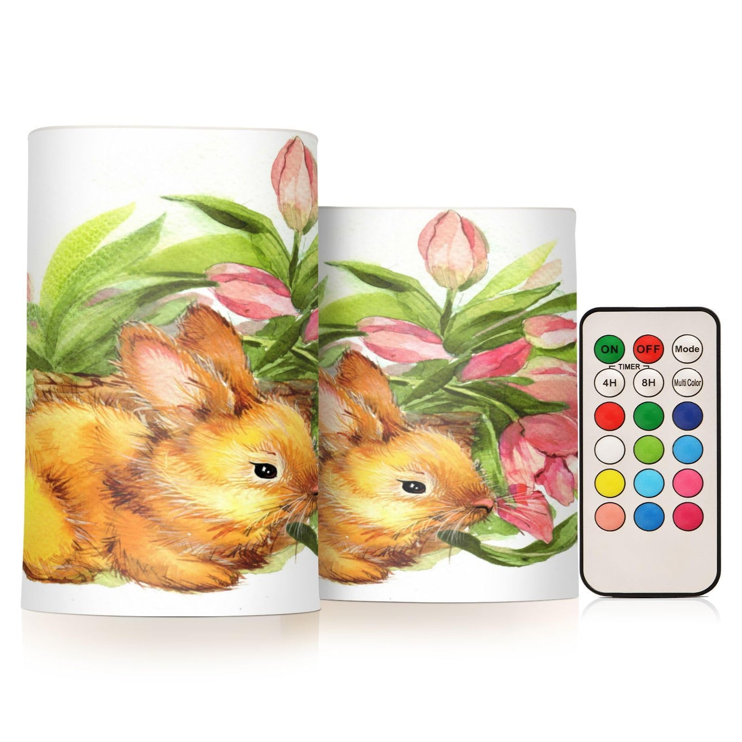 ALAZA Easter Funny Bunny Tulip Flowers Spring Flickering Flameless Candles Battery Operated with Remote Timer,Tea Light Candles LED Pillar Votive Candles Set of 2 for Outdoor Indoor Decorations