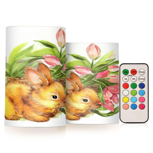 ALAZA Easter Funny Bunny Tulip Flowers Spring Flickering Flameless Candles Battery Operated with Remote Timer,Tea Light Candles LED Pillar Votive Candles Set of 2 for Outdoor Indoor Decorations