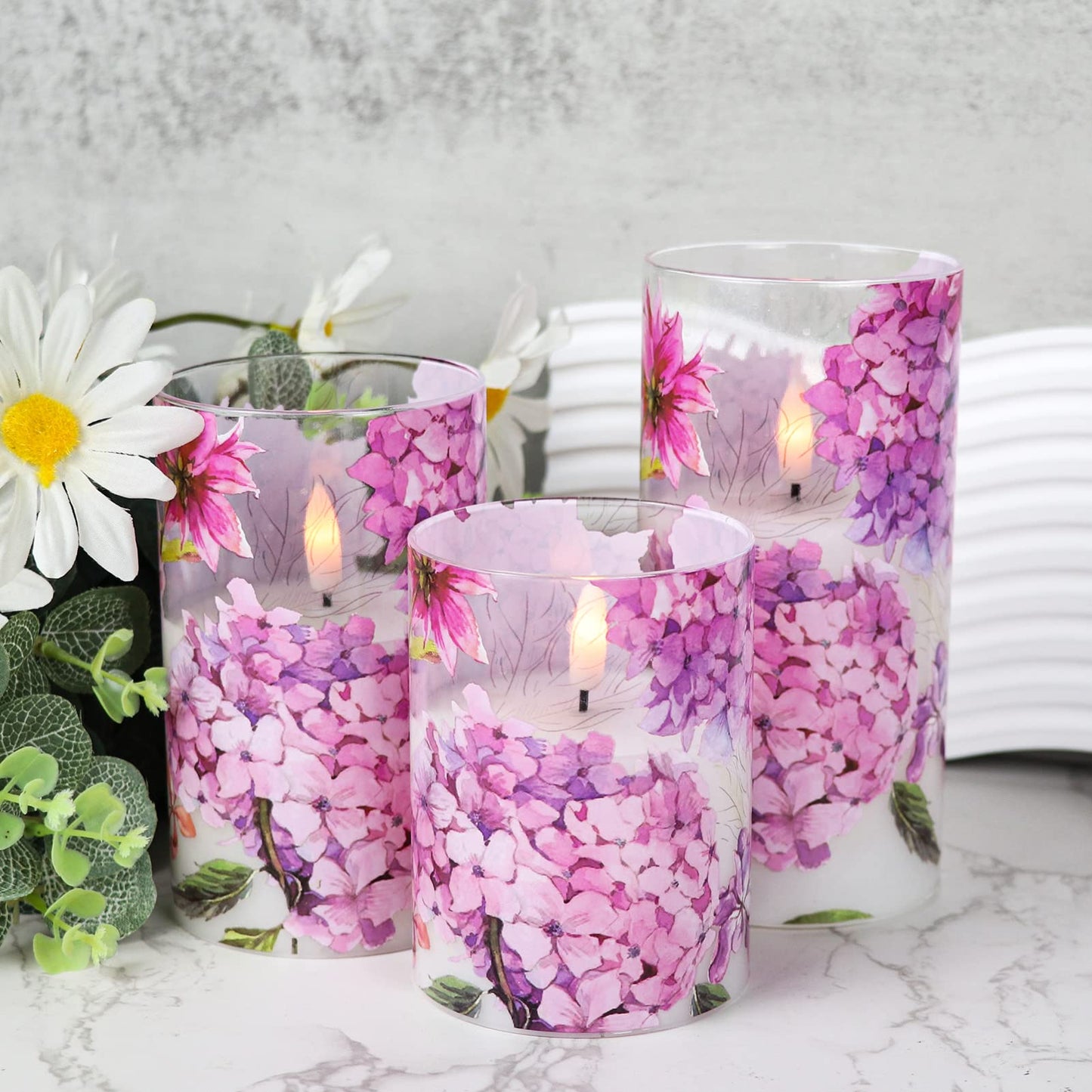 DRomance Pink Hydrangea Glass Flameless Candles with Remote Timer Battery Operated LED Pillar Candles Realistic 3D Wick Flickering Real Wax Wedding Dinner Holiday Decor Candle 3 x 4,5,6 Inches