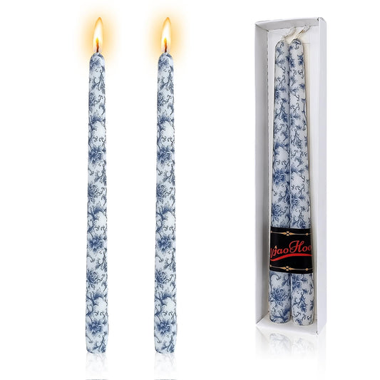 NJAO HOO Candlesticks 10 in Straight Taper Candles Hand Printing Blue and White Candlesticks Tall Tapered Candle Sticks for Home Garden Decor Simple Modern, 2Pcs