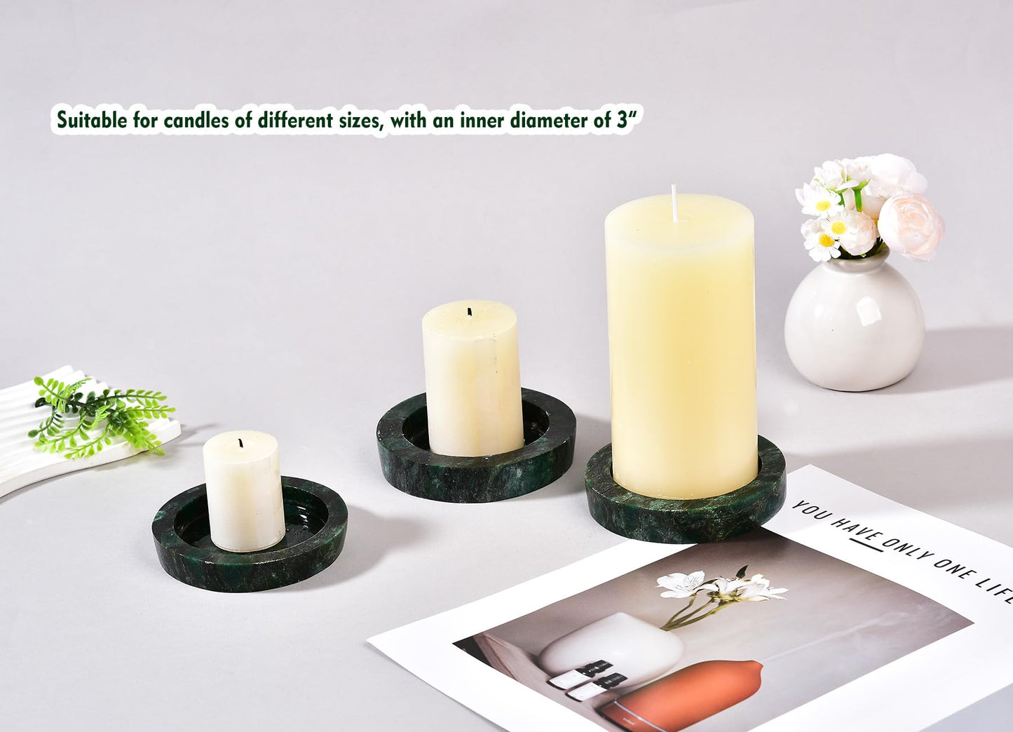 AMOYSTONE Natural Green Candle Holder 4" Round Plate for Pillar Candles with Healing Energy, Polished Emerald Stone Coaster & Jewelry Tray for Home Office Desk Decor