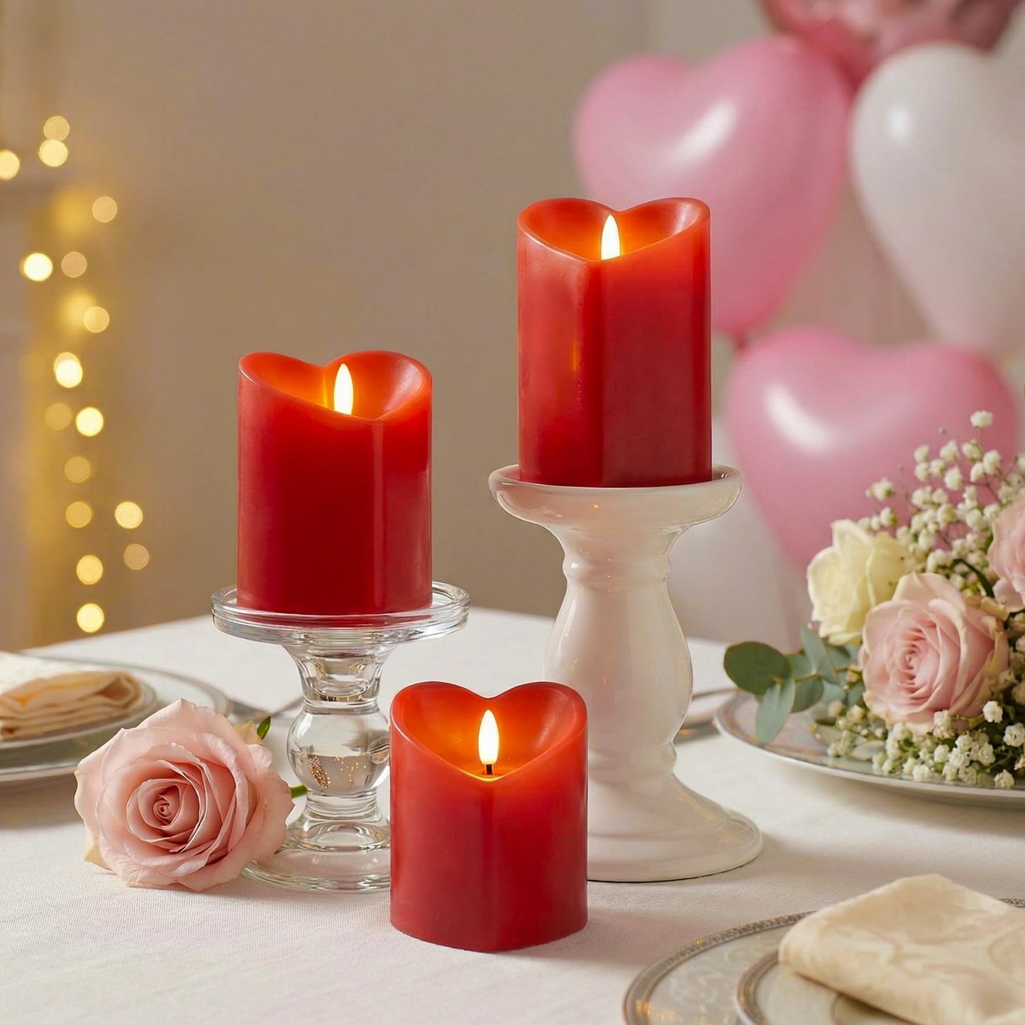 AFINETH Valentines Day Flameless Candles with Remote, Heart Shaped Candles Battery Operated 3 Pack Red LED Pillar Candles for Wedding Proposal Anniversary Romantic Night