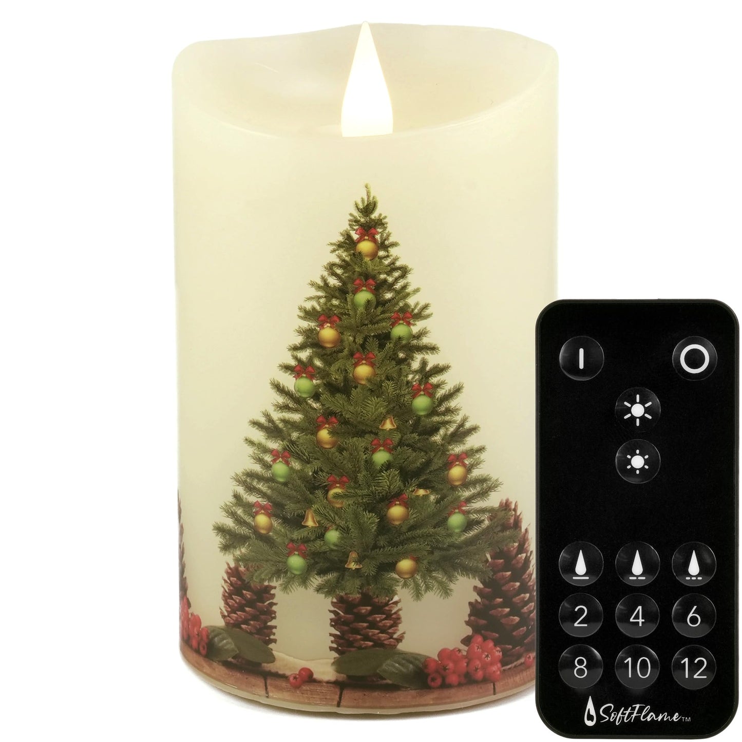 Softflame Christmas Flameless Candles with Remote Control, 3"x 5"Battery Operated Flickering 3D Wick Real Wax Pillar Christmas Tree Candle